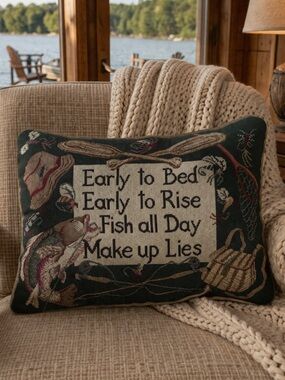 Vintage Fishing Tapestry Pillow | Early to Bed Early to Rise | Riverdale USA